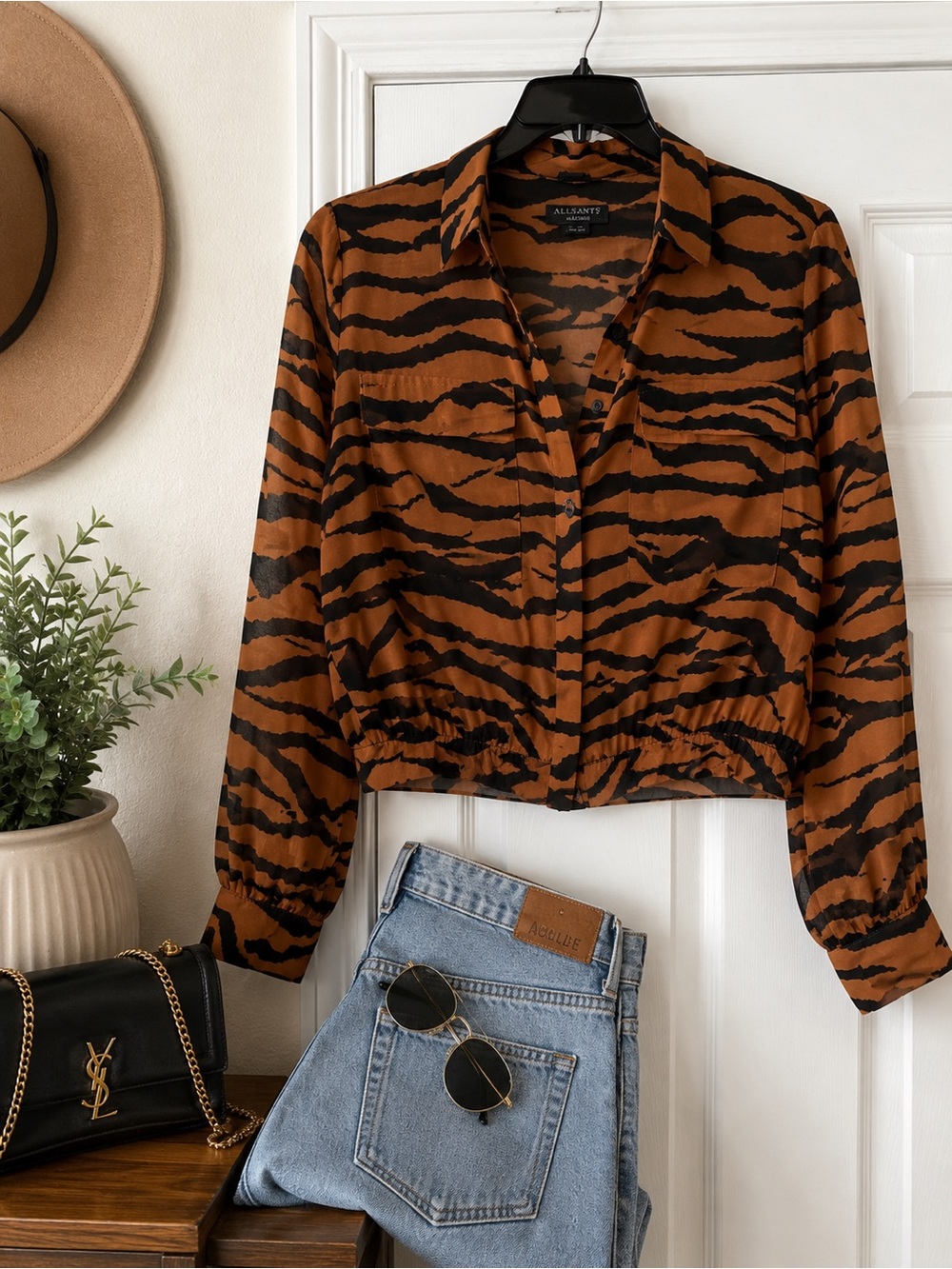 All Saints Black & Brown Tiger-Stripe Cropped Button-Down Shirt medium